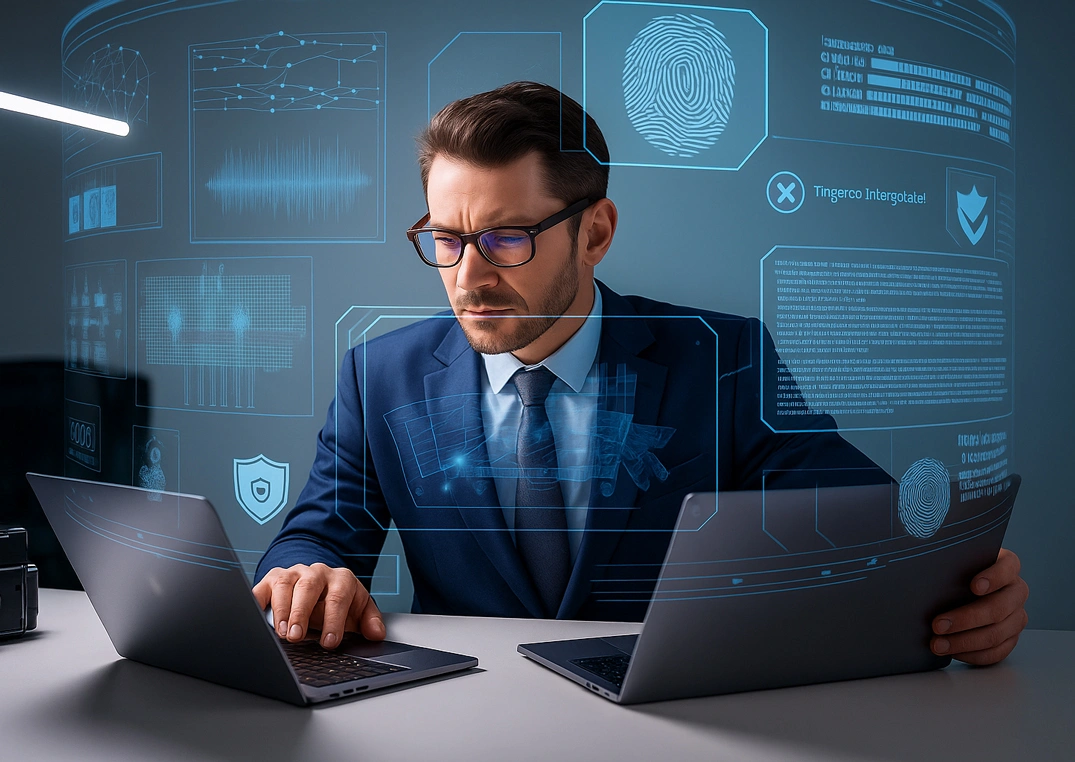 Reviewing AI lead generation data on a laptop